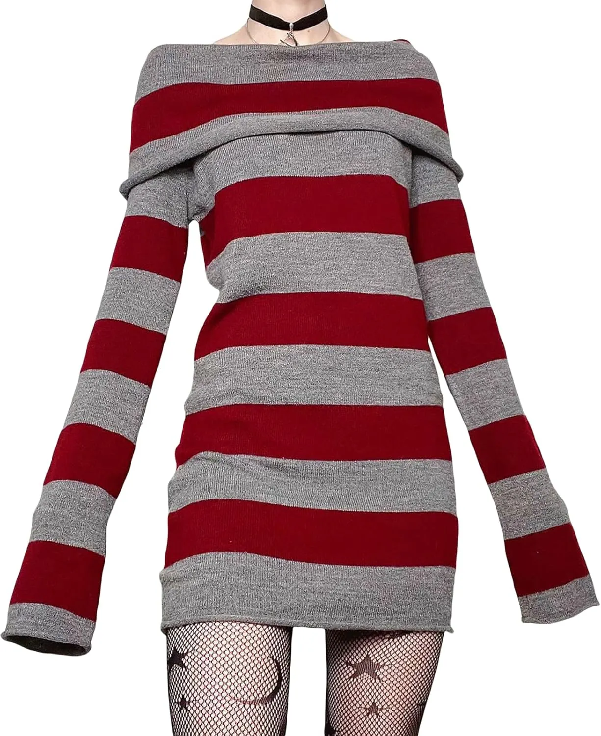 DSORVICD Goth Dress for Women Striped Off Shoulder Long Sleeve Knit Dress Y2k Bodycon Sweater Mini Dress