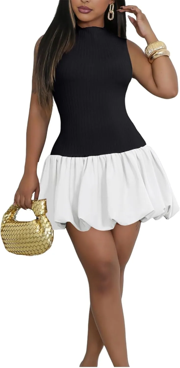 Ekaliy Bubble Dress for Women Sexy Sleeveless Mock Neck Knit Open Back Mini Dress Bodycon Y2k Party Club Short Dress