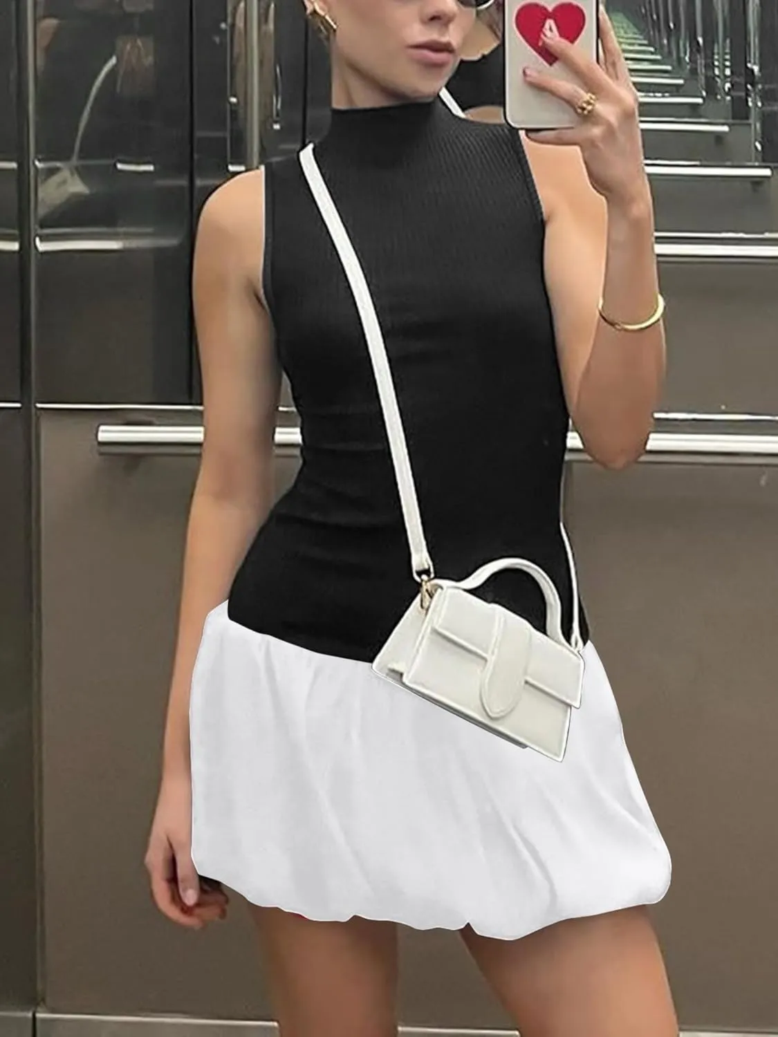 Ekaliy Bubble Dress for Women Sexy Sleeveless Mock Neck Knit Open Back Mini Dress Bodycon Y2k Party Club Short Dress