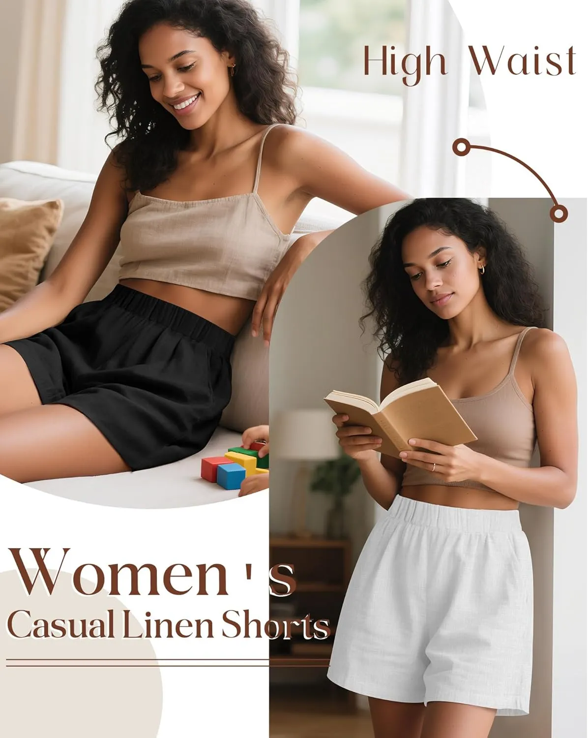 Ficerd 3 Pack Women's Casual Linen Shorts,Pleated High Waist Wide Leg Summer Elastic Comfy Trendy Shorts with Pockets