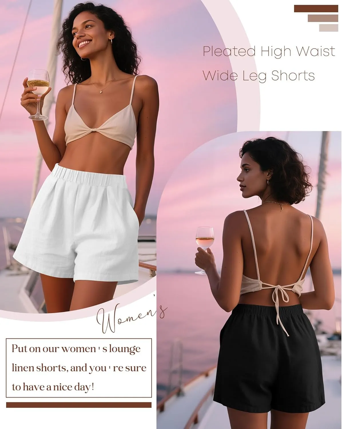 Ficerd 3 Pack Women's Casual Linen Shorts,Pleated High Waist Wide Leg Summer Elastic Comfy Trendy Shorts with Pockets