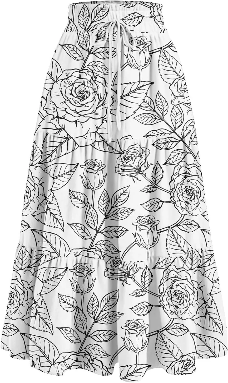 Flowy Skirts for Women Vintage Gradient Print Flowy Flared Ruffle A-Line Skirts Casual Fashion Maxi Skirt