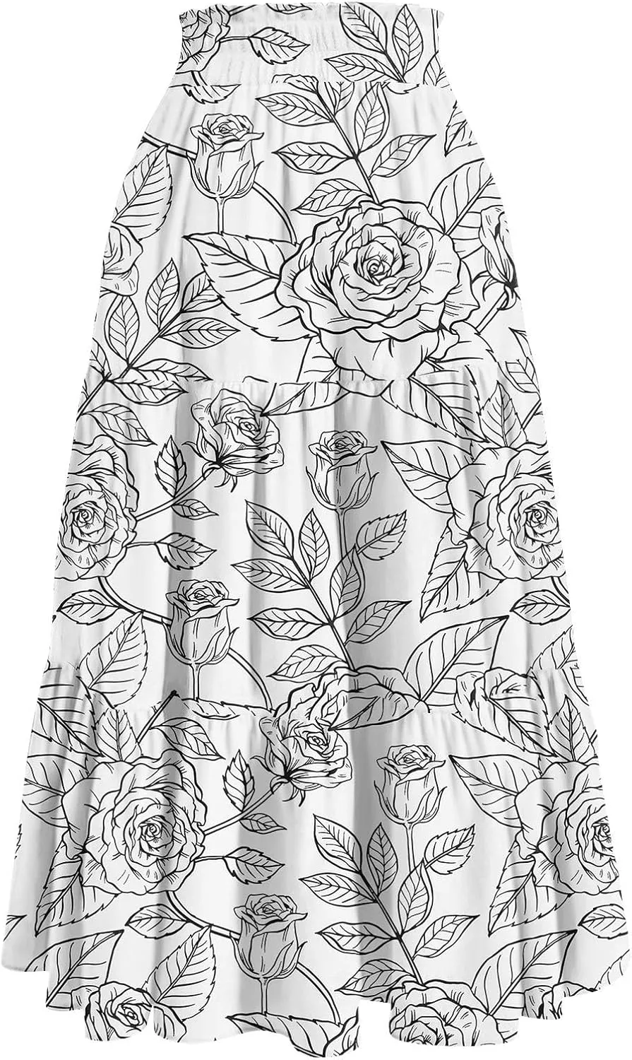 Flowy Skirts for Women Vintage Gradient Print Flowy Flared Ruffle A-Line Skirts Casual Fashion Maxi Skirt