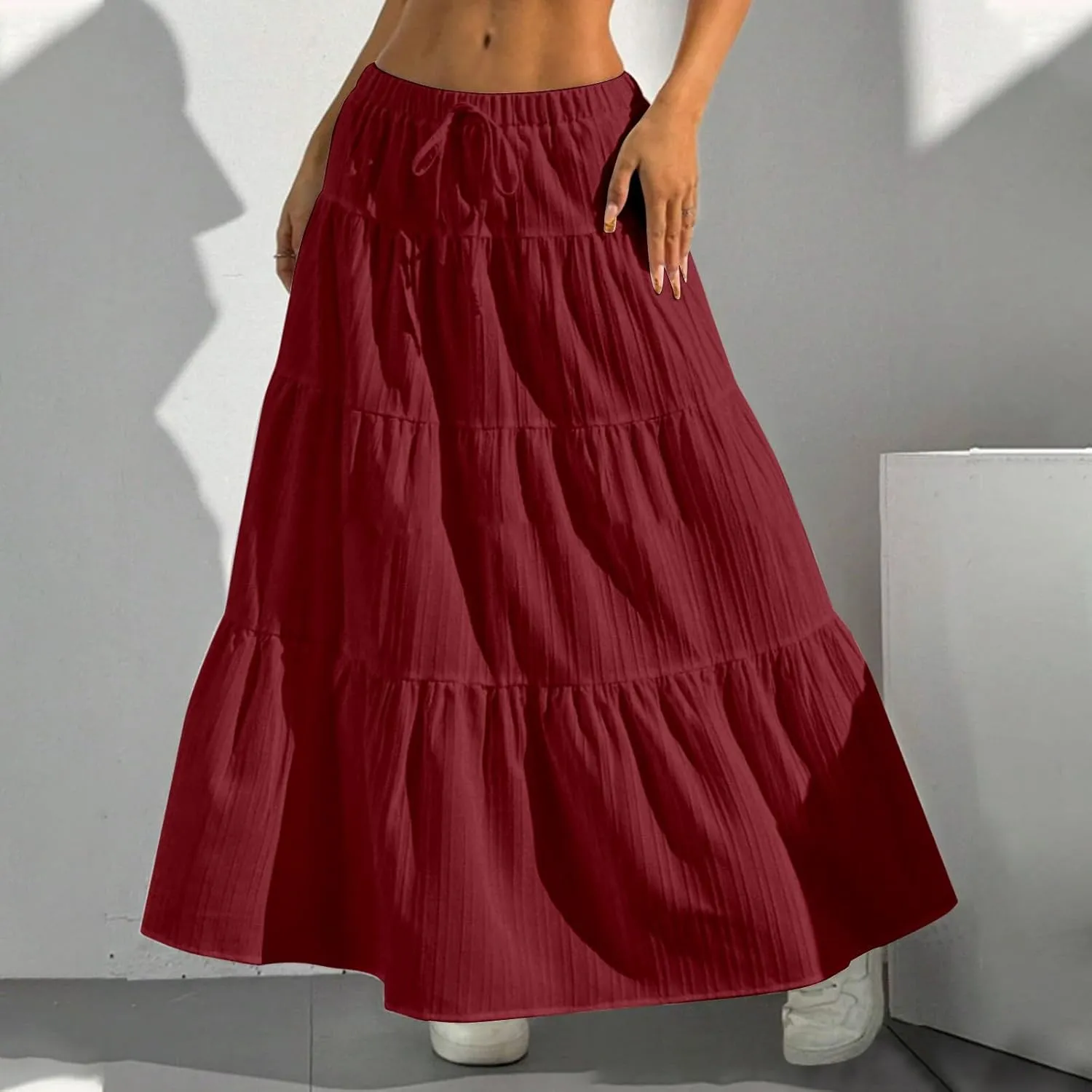 Flowy Tiered Skirts for Women Boho A Line Flowy Maxi Skirts Bohemian Drawstring Elastic Waist Casual Summer Skirts with Tie