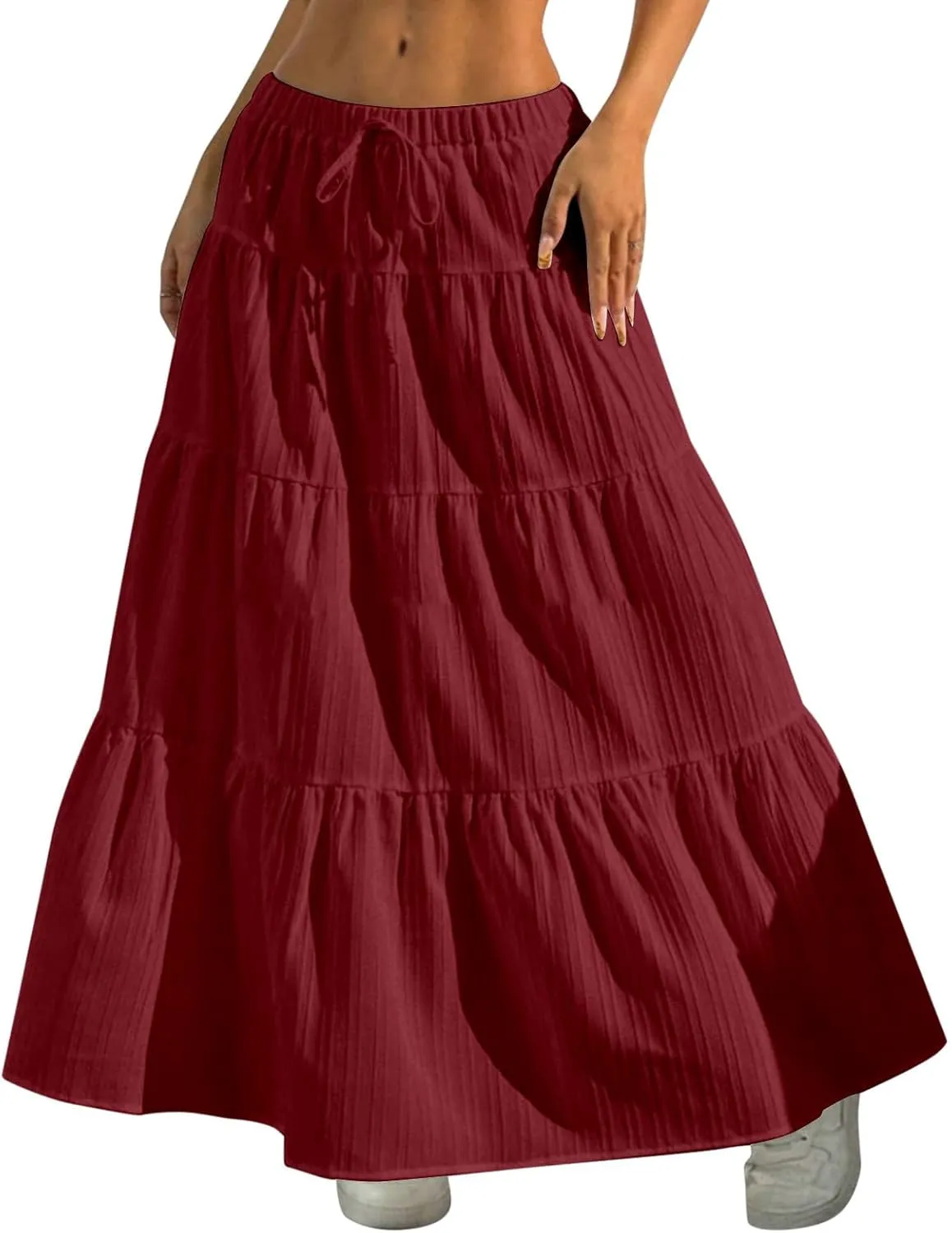 Flowy Tiered Skirts for Women Boho A Line Flowy Maxi Skirts Bohemian Drawstring Elastic Waist Casual Summer Skirts with Tie