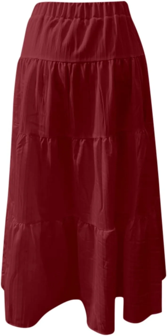 Flowy Tiered Skirts for Women Boho A Line Flowy Maxi Skirts Bohemian Drawstring Elastic Waist Casual Summer Skirts with Tie