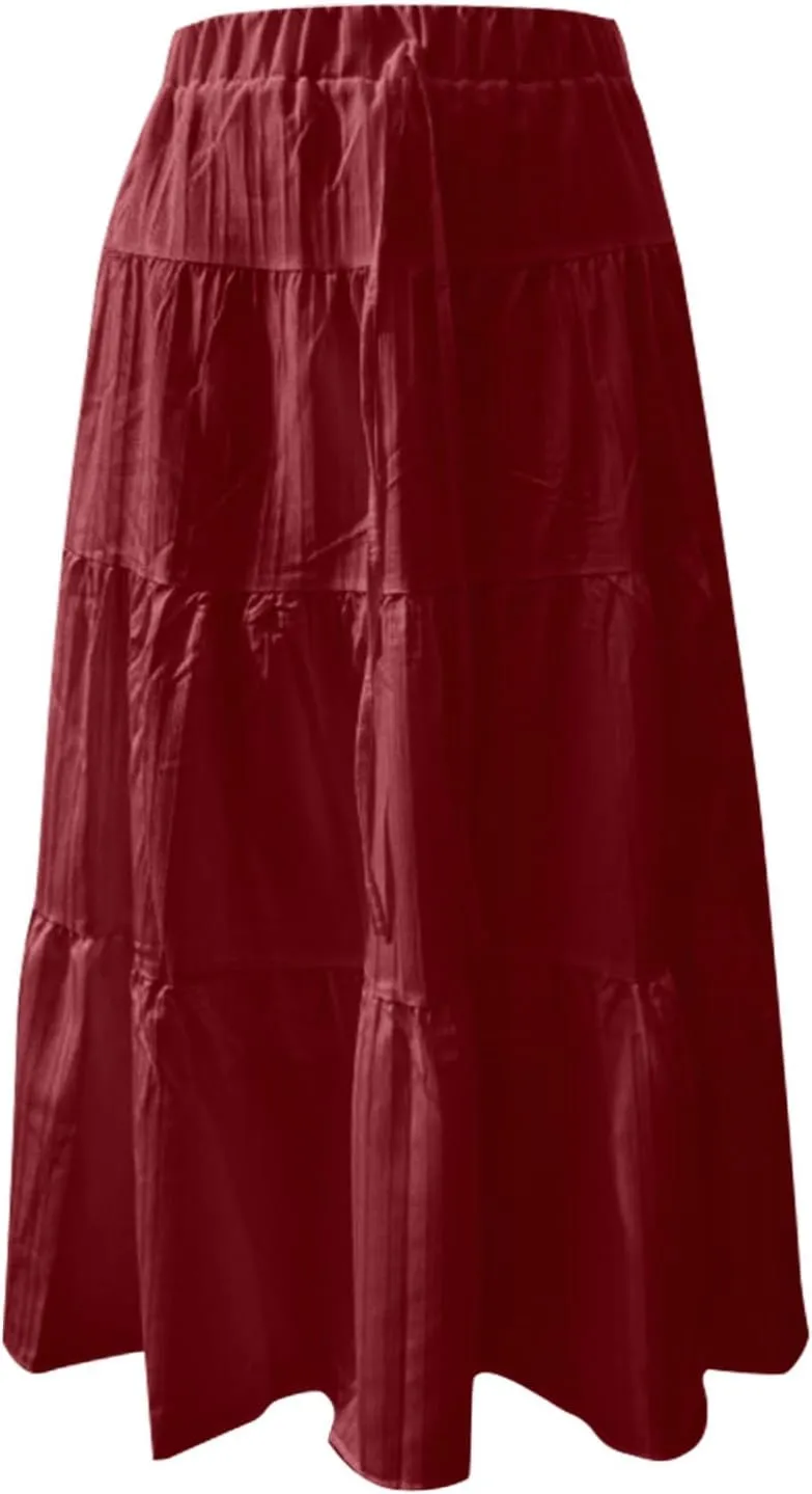 Flowy Tiered Skirts for Women Boho A Line Flowy Maxi Skirts Bohemian Drawstring Elastic Waist Casual Summer Skirts with Tie