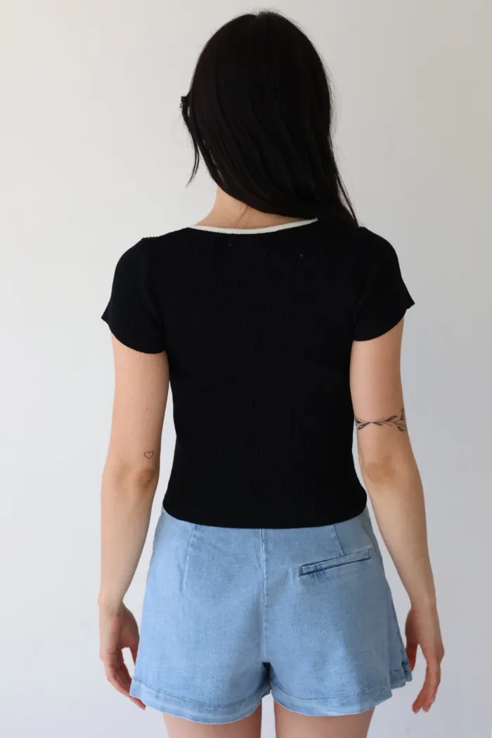 Front Tie Ribbed Top in Black