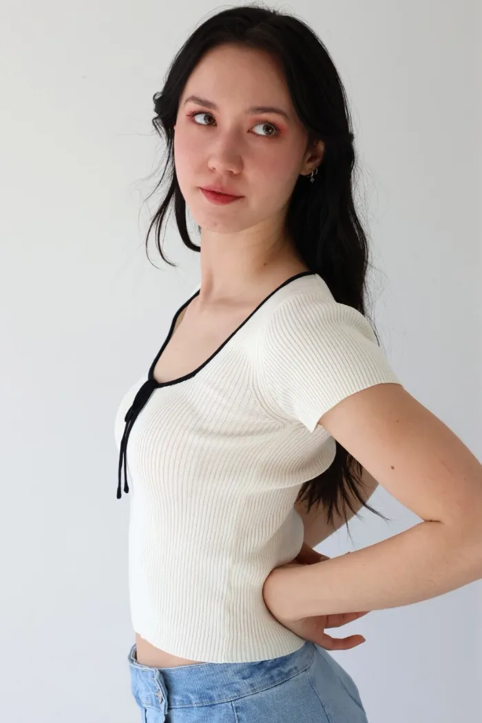 Front Tie Ribbed Top in Ivory