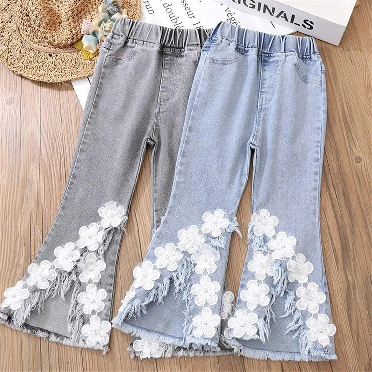 Girls Bell Bottom Jeans Skinny Flared Jeans Girls Casual Flower Pants Girls Jeans