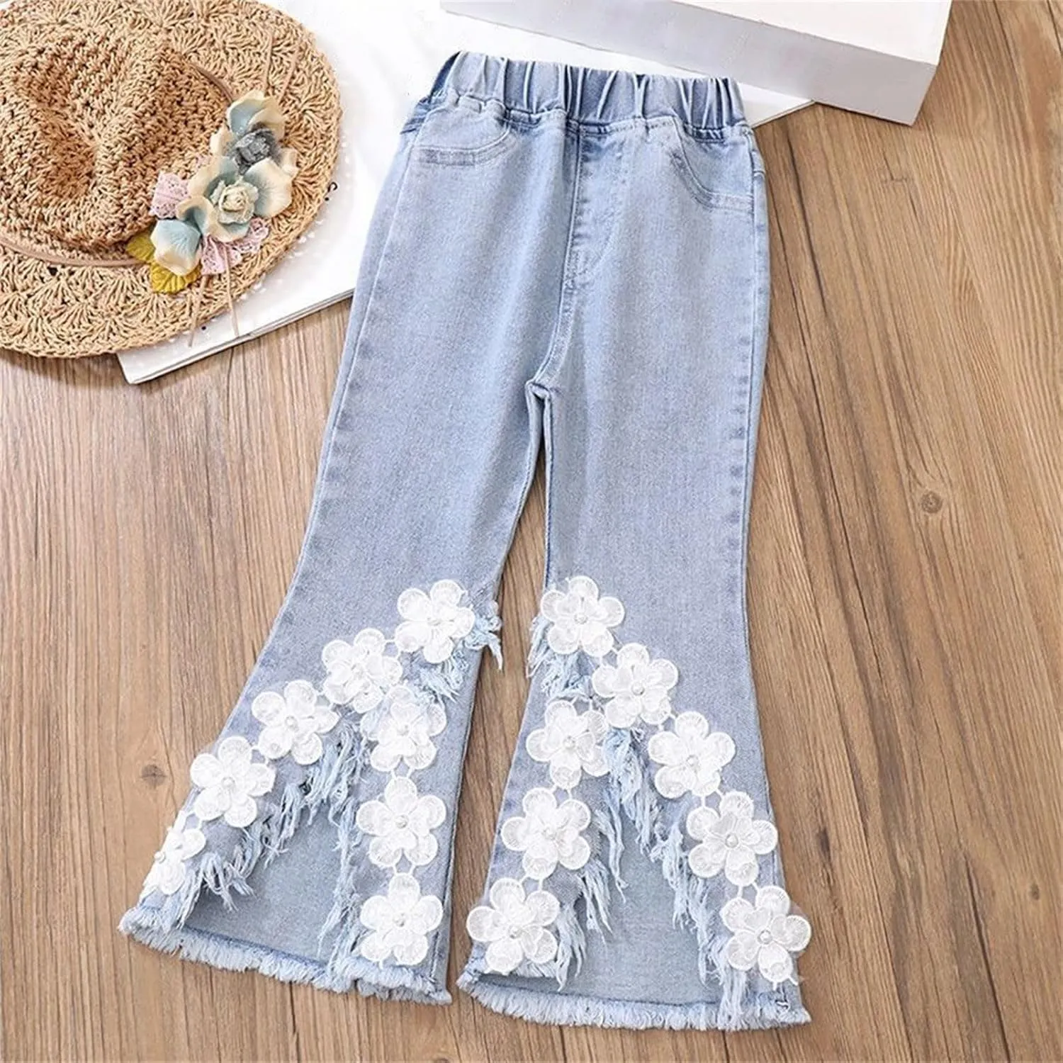 Girls Bell Bottom Jeans Skinny Flared Jeans Girls Casual Flower Pants Girls Jeans