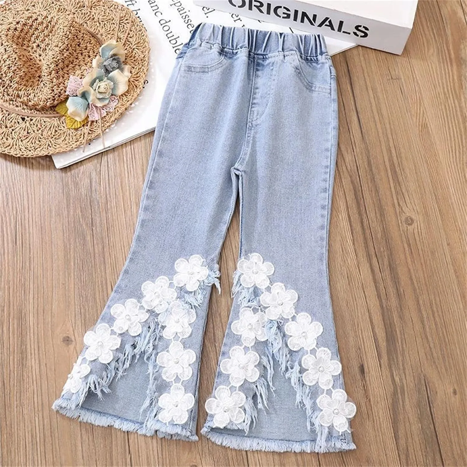 Girls Bell Bottom Jeans Skinny Flared Jeans Girls Casual Flower Pants Girls Jeans