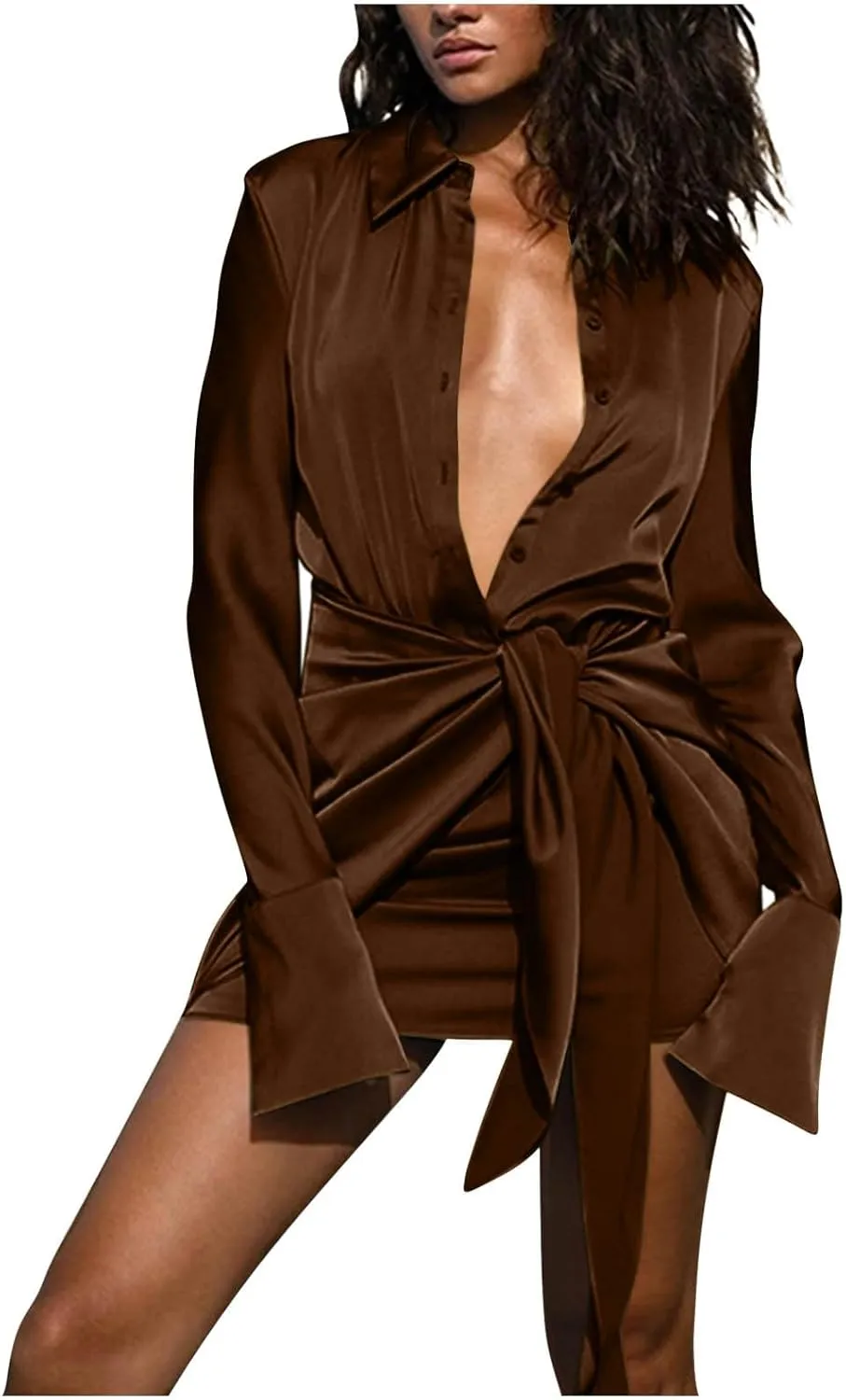 HGps8w Chic Tie Front Satin Silk Shirt Dress for Women Sexy 2025 Summer Long Sleeve Button Up Lapel Cocktail Party Dresses