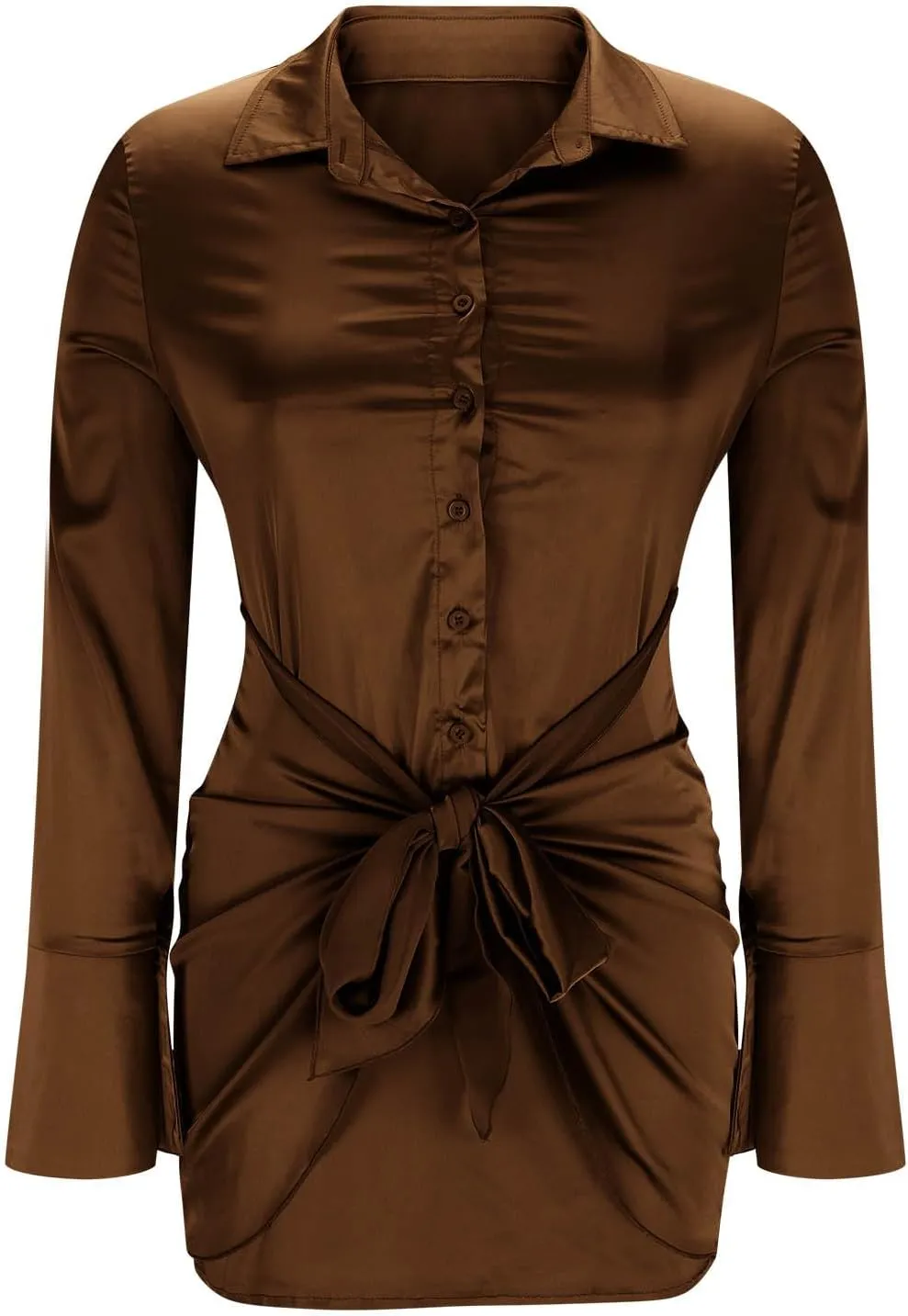 HGps8w Chic Tie Front Satin Silk Shirt Dress for Women Sexy 2025 Summer Long Sleeve Button Up Lapel Cocktail Party Dresses