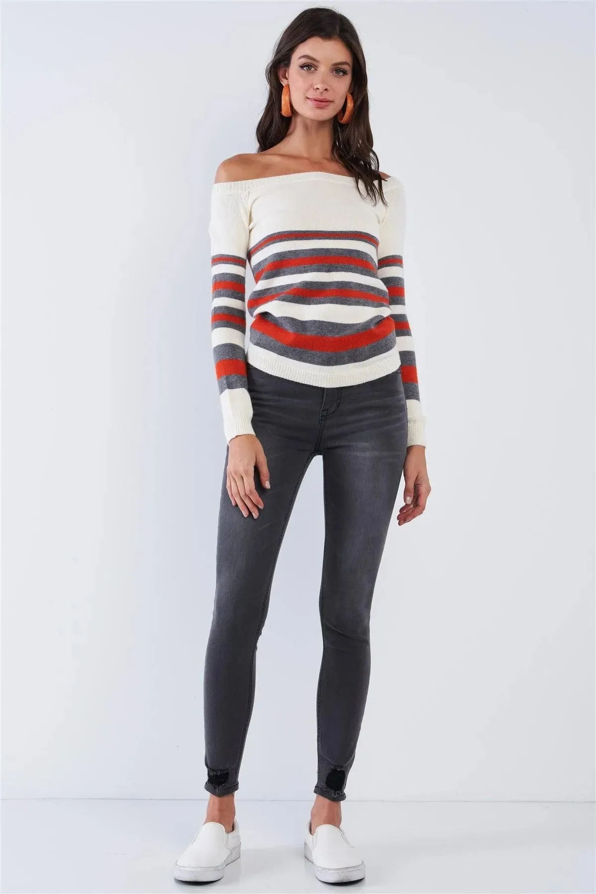 Ivory Multi Stripe Square Neck Off-The-Shoulder Long Sleeve Sweater /2-2-2