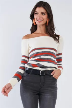 Ivory Multi Stripe Square Neck Off-The-Shoulder Long Sleeve Sweater /2-2-2