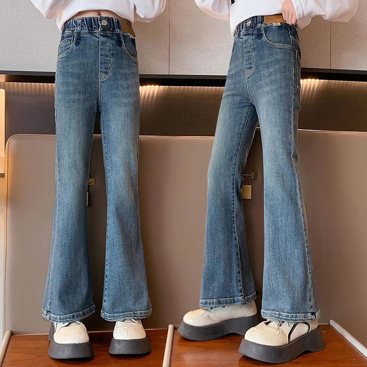 Kids Girls Casual Baggy Wide Leg Denim Pants Elastic Waist Casual Jeans Flare Jeans Girls Fashion Baggy Jeans