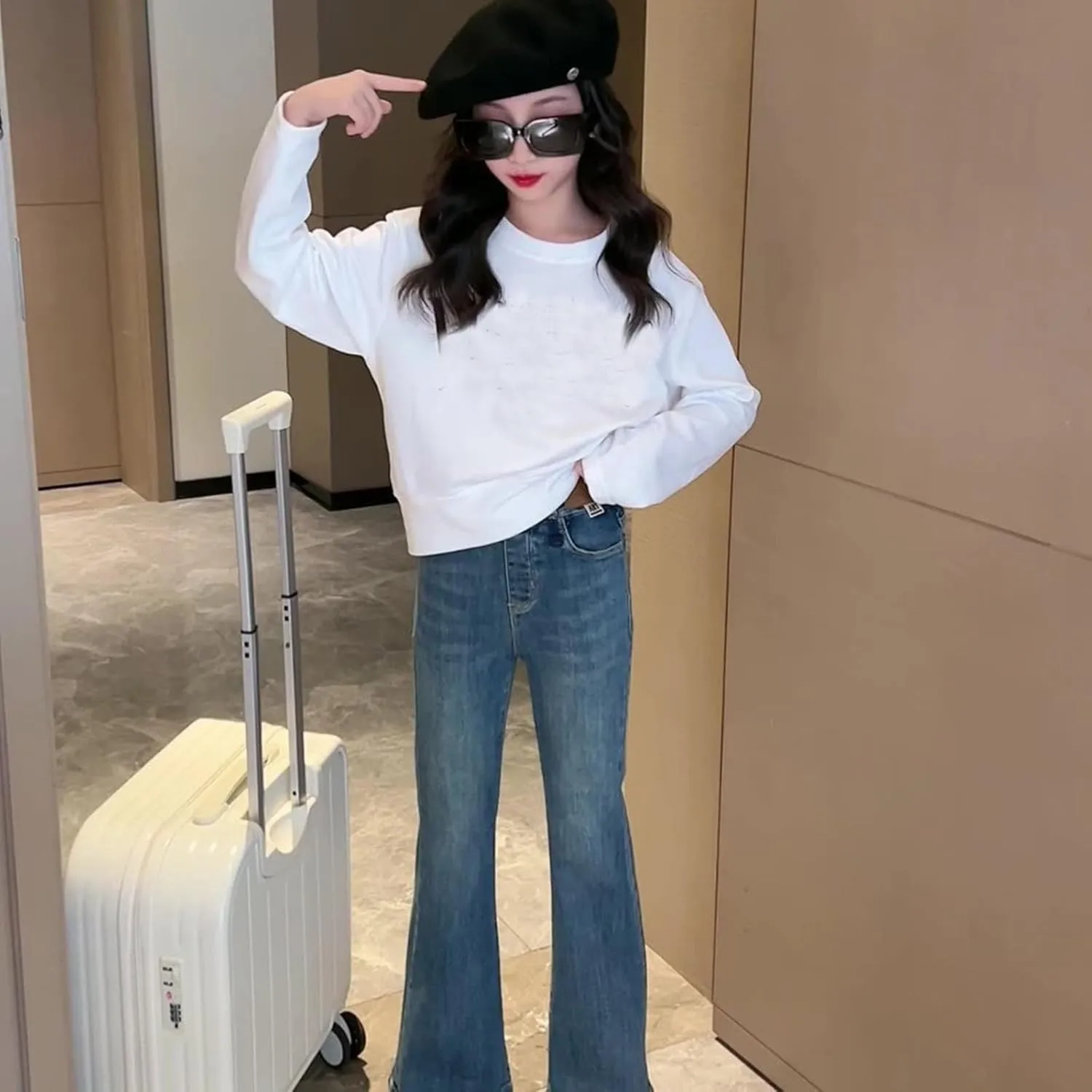 Kids Girls Casual Baggy Wide Leg Denim Pants Elastic Waist Casual Jeans Flare Jeans Girls Fashion Baggy Jeans