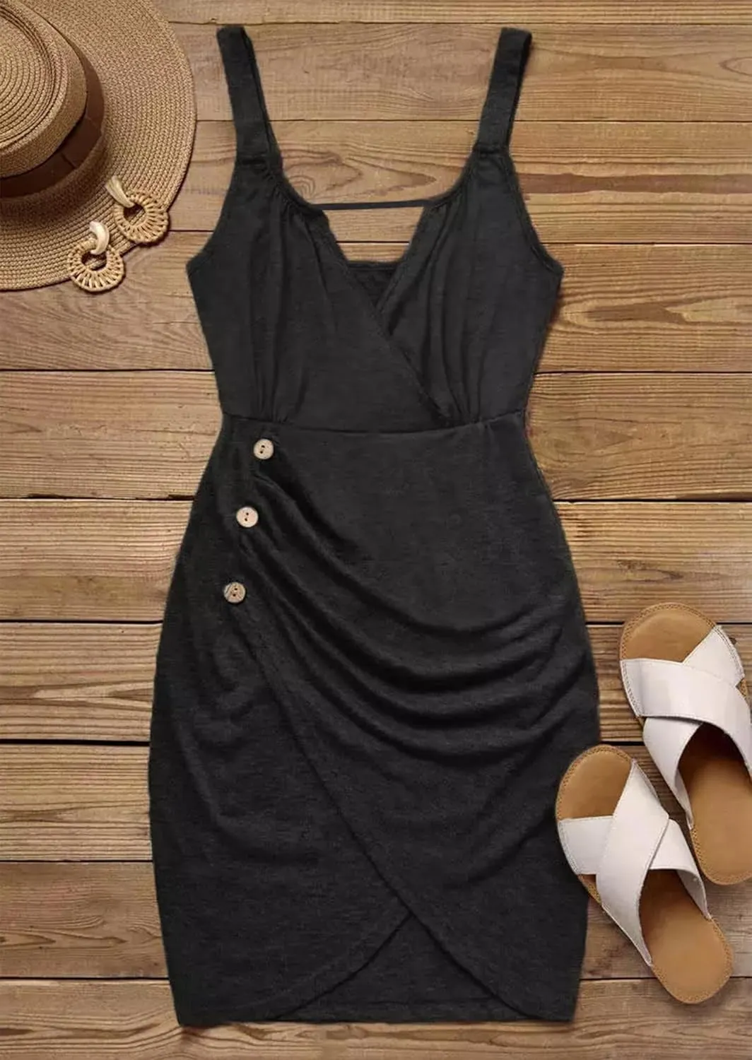 LANMERTREE Womens Ruched Button Sexy Mini Dress Summer Casual Sleeveless Shirt Dresses Bodycon Wrap Party Evening Dress