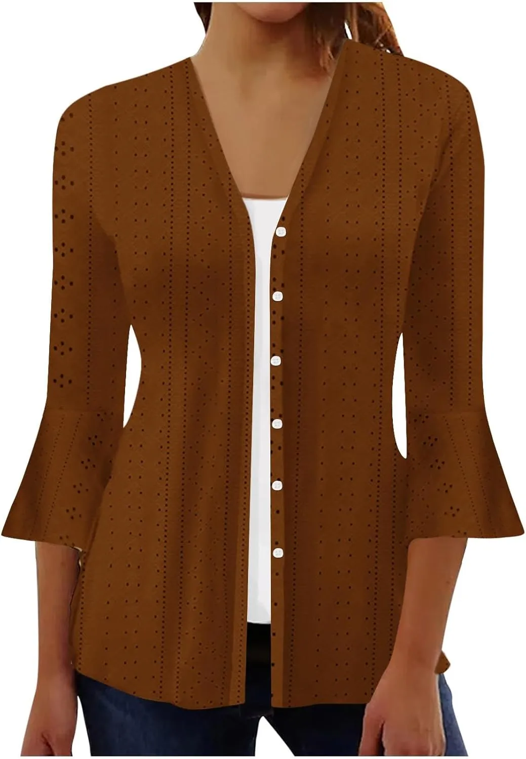 Lightweight Cardigans for Women 3/4 Sleeve Button Down Tops Loose Fit Cover Up Comfy Solid Color Open Front Blouses