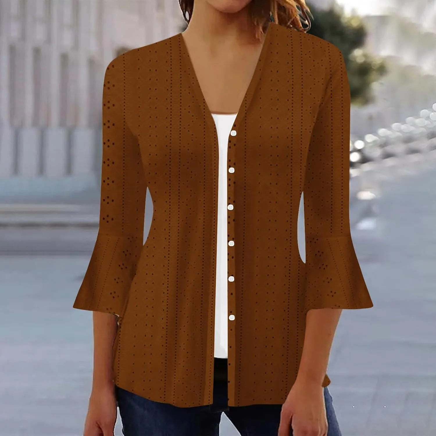 Lightweight Cardigans for Women 3/4 Sleeve Button Down Tops Loose Fit Cover Up Comfy Solid Color Open Front Blouses