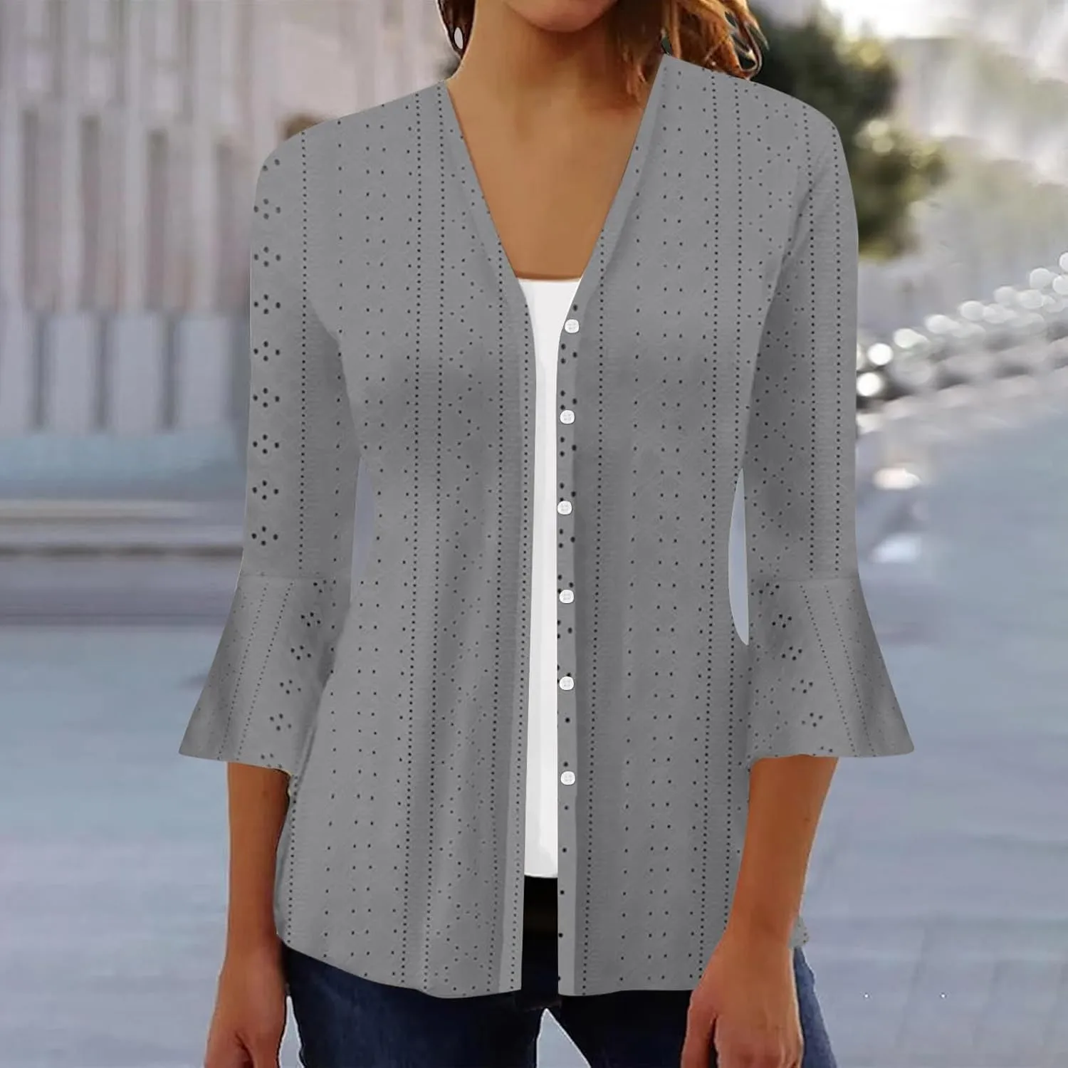 Lightweight Cardigans for Women 3/4 Sleeve Button Down Tops Loose Fit Cover Up Comfy Solid Color Open Front Blouses