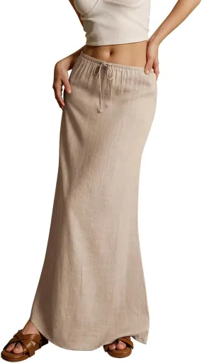 Maxi Skirts for Women Cotton Linen Maxi Summer Comfy Drawstring Low Waist Skirts Long Flowy Vacation Bohemian