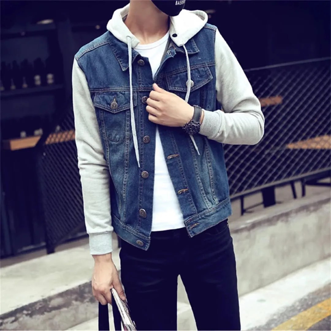 Men Hooded Denim Jacket Mens Jean Jackets Streetwear Cowboy Jacket Detachable Coat