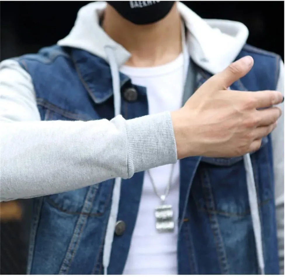 Men Hooded Denim Jacket Mens Jean Jackets Streetwear Cowboy Jacket Detachable Coat