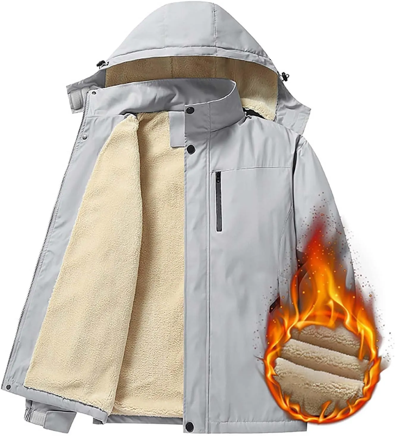 Men's Waterproof Jacket Soft Shell Hiking Windbreaker Jackets Hooded Fleece Lined Thick Rain Coats with Multi-Pockets