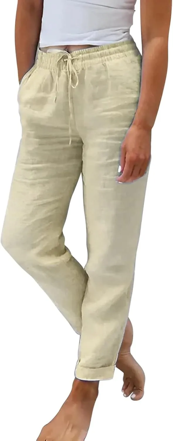Miyaomn Yoga Pants Women Pants for Women Women's Stylish Linen Straight Leg Pants Drawstring Elastic Waist Casual Joggers Folded Bottom Lounge Trousers Slacks(Khaki,Medium)