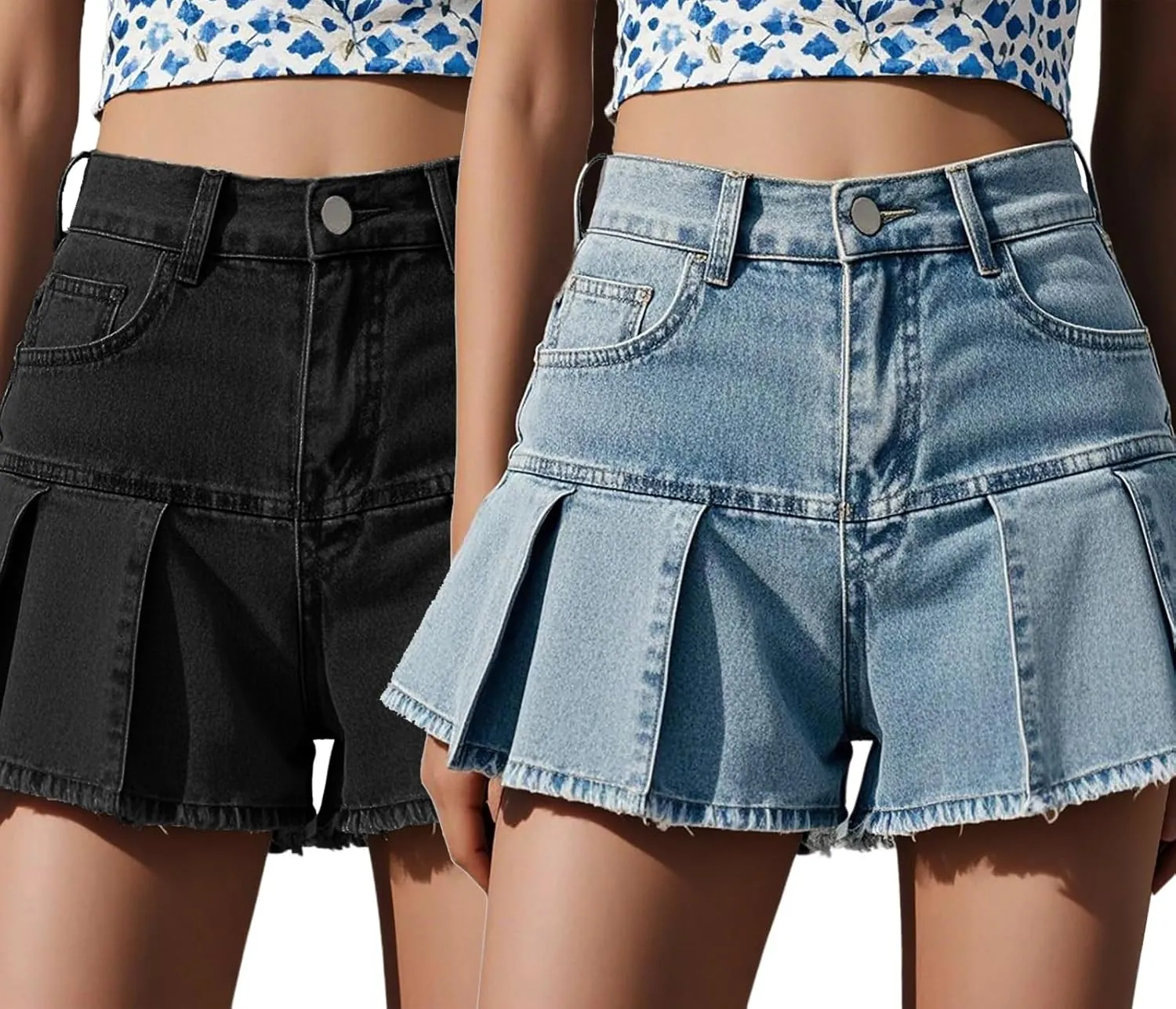 MsavigVice Women's Denim Shorts High Waisted Stretch Distressed Frayed Raw Hem Casual Pleated Jean Shorts with Pockets
