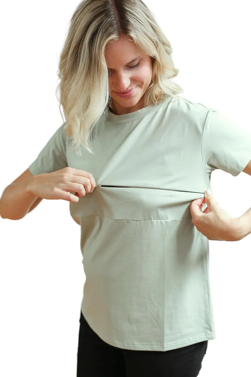 Nursing T-Shirt with Invisible Zipper, Soft and Comfortable Colorblock Breastfeeding Top
