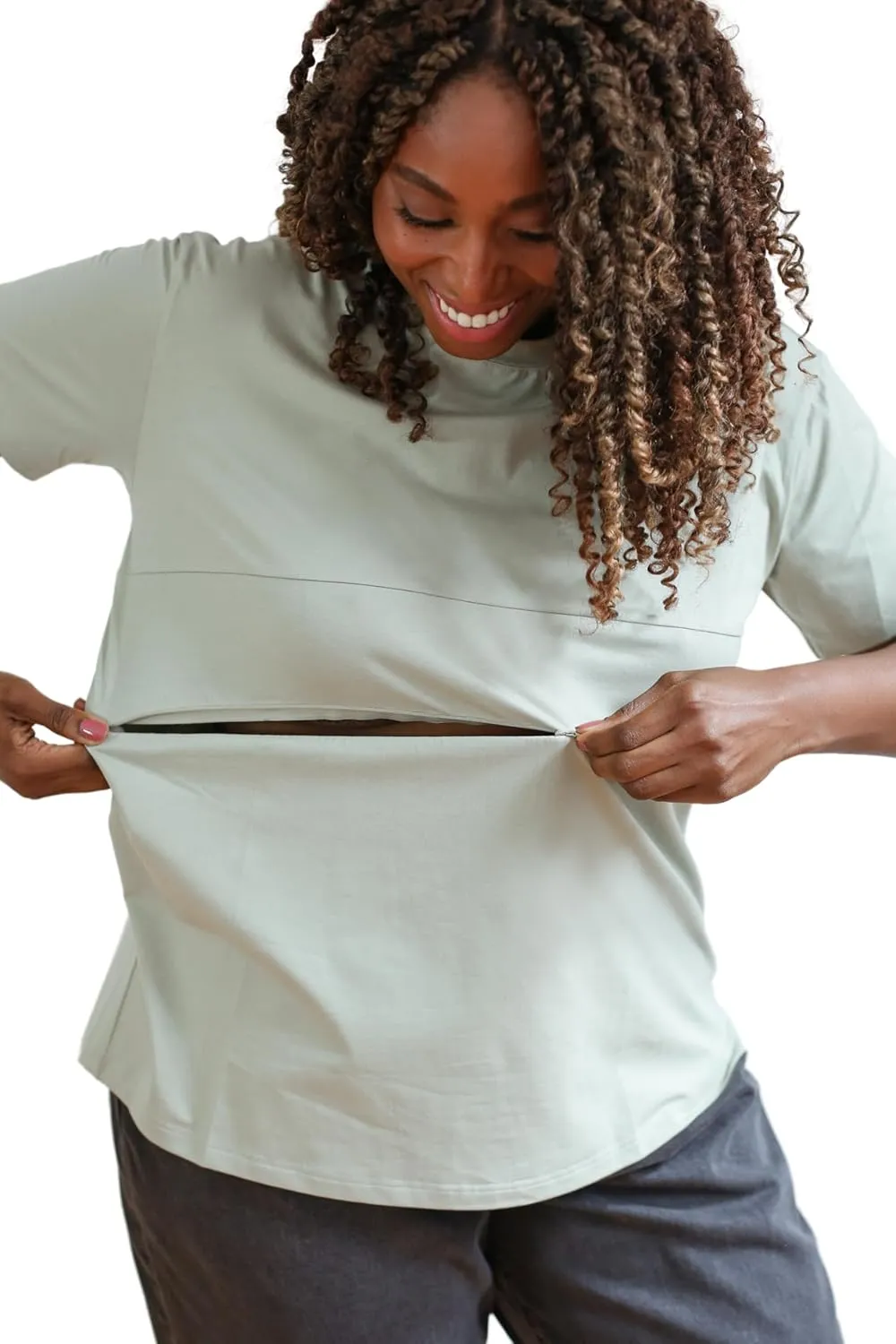 Nursing T-Shirt with Invisible Zipper, Soft and Comfortable Colorblock Breastfeeding Top