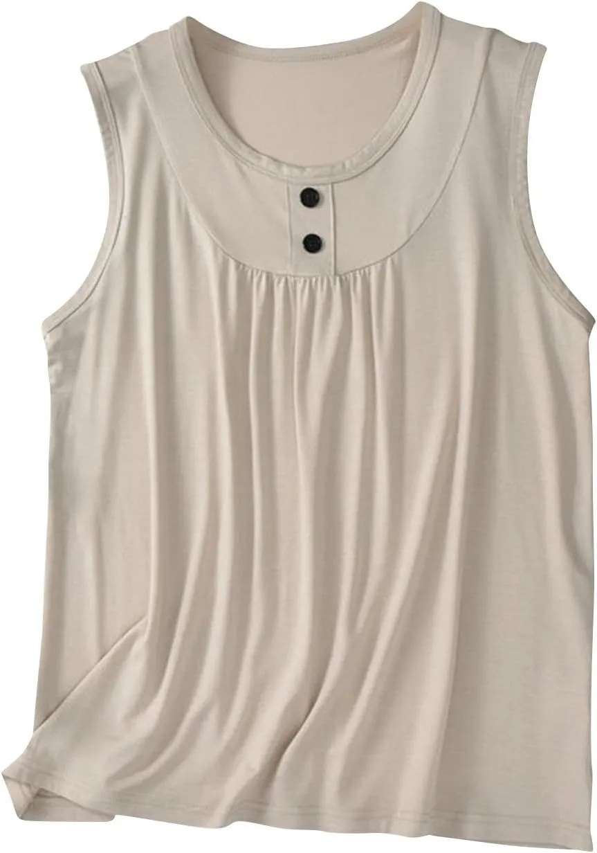 Palaver Tank Top for Women Summer Crweneck Sleeve Tunic Loose Fit Button Down Basic Shirts Soft Casual Blouse