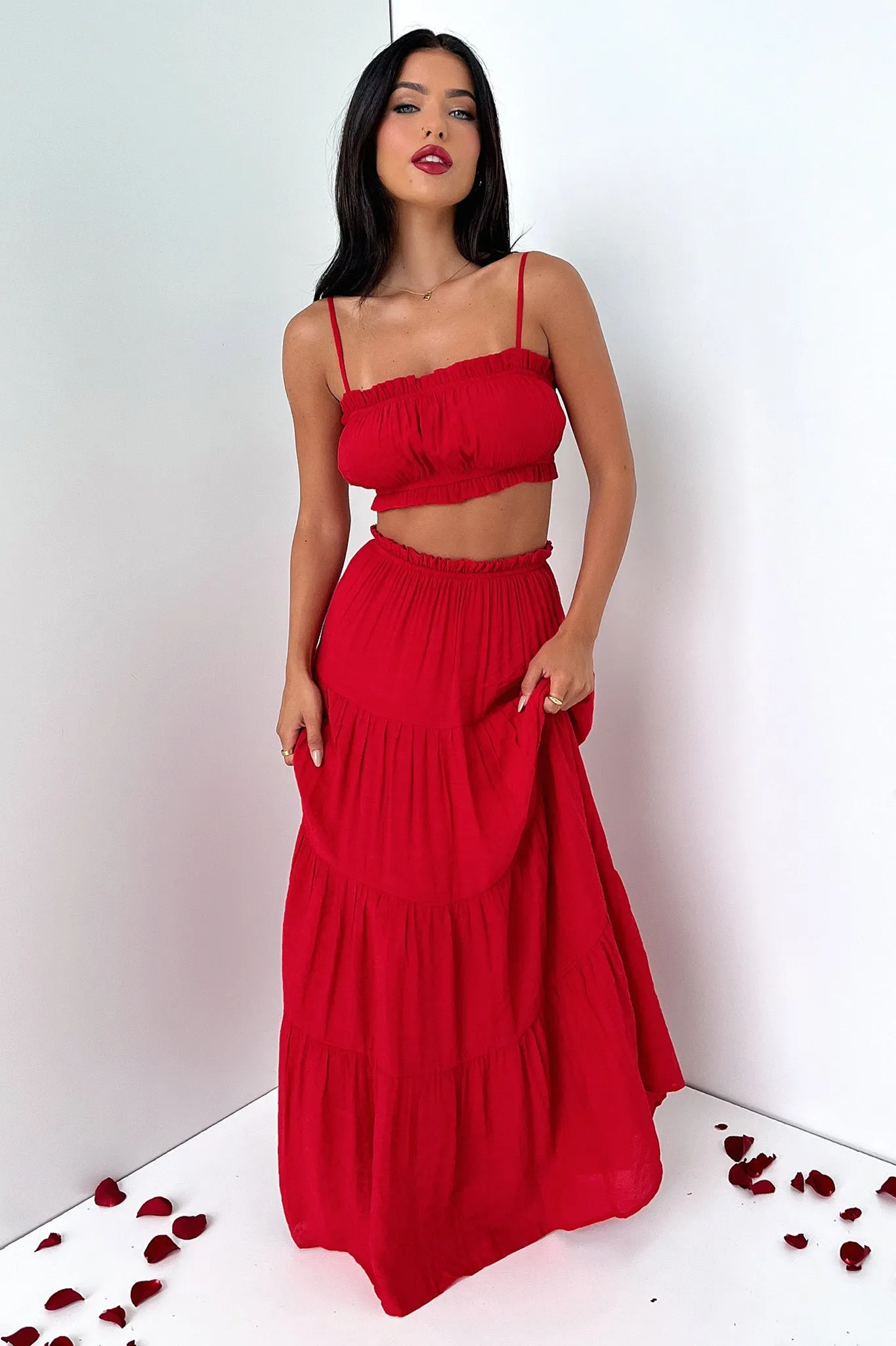 Selina Tiered Maxi Skirt - Red