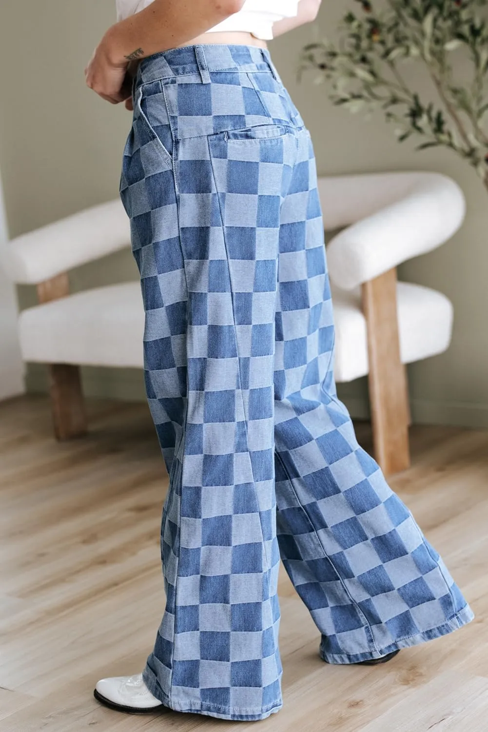 SELINK High Waisted Checkered Jeans for Women Casual Plaid Wide Leg Denim Jeans with Pockets Shift Trendy Daily Jeans