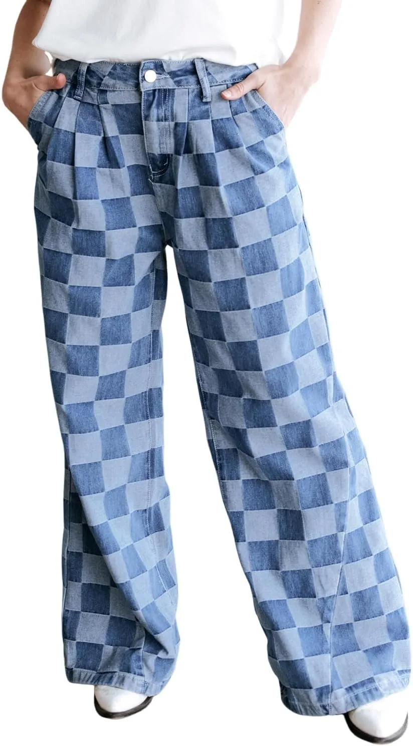 SELINK High Waisted Checkered Jeans for Women Casual Plaid Wide Leg Denim Jeans with Pockets Shift Trendy Daily Jeans
