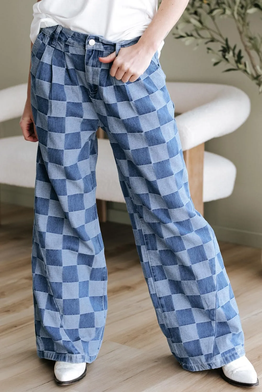 SELINK High Waisted Checkered Jeans for Women Casual Plaid Wide Leg Denim Jeans with Pockets Shift Trendy Daily Jeans
