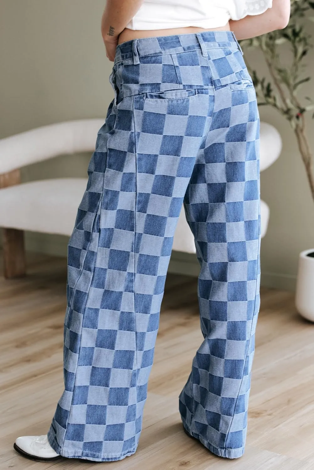 SELINK High Waisted Checkered Jeans for Women Casual Plaid Wide Leg Denim Jeans with Pockets Shift Trendy Daily Jeans