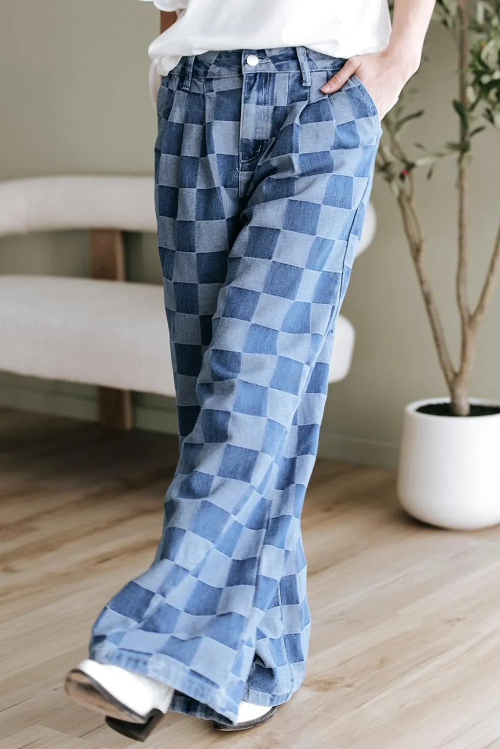SELINK High Waisted Checkered Jeans for Women Casual Plaid Wide Leg Denim Jeans with Pockets Shift Trendy Daily Jeans