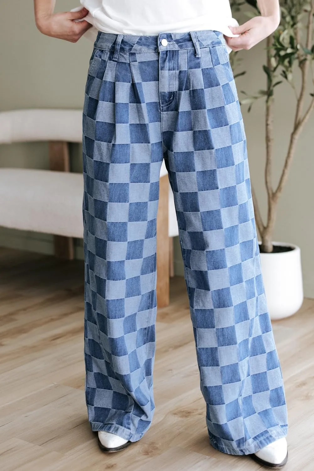 SELINK High Waisted Checkered Jeans for Women Casual Plaid Wide Leg Denim Jeans with Pockets Shift Trendy Daily Jeans