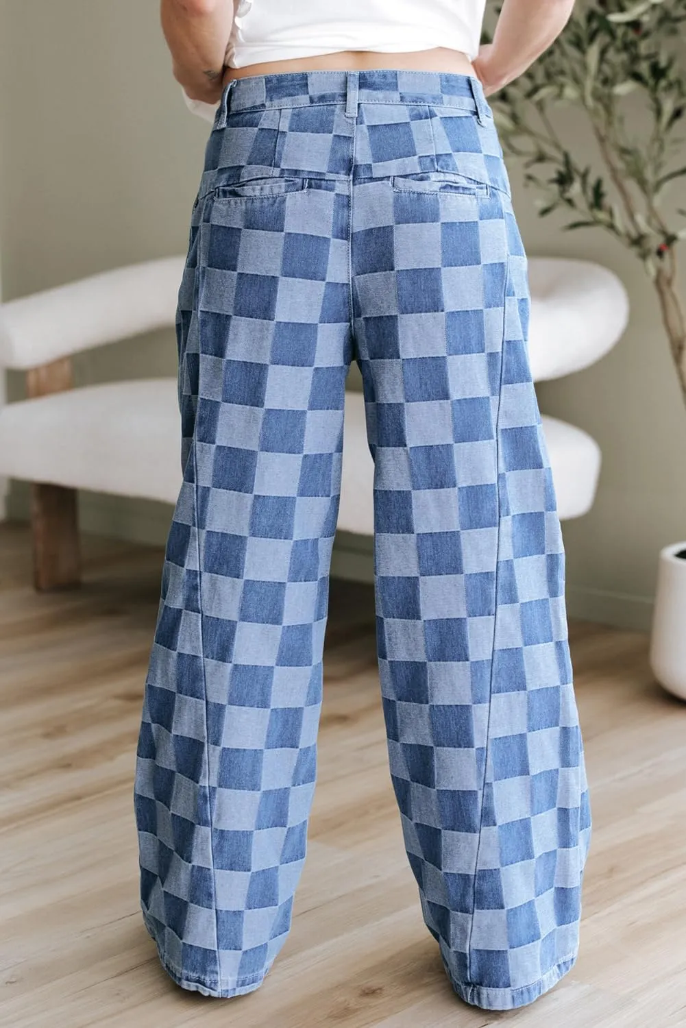 SELINK High Waisted Checkered Jeans for Women Casual Plaid Wide Leg Denim Jeans with Pockets Shift Trendy Daily Jeans