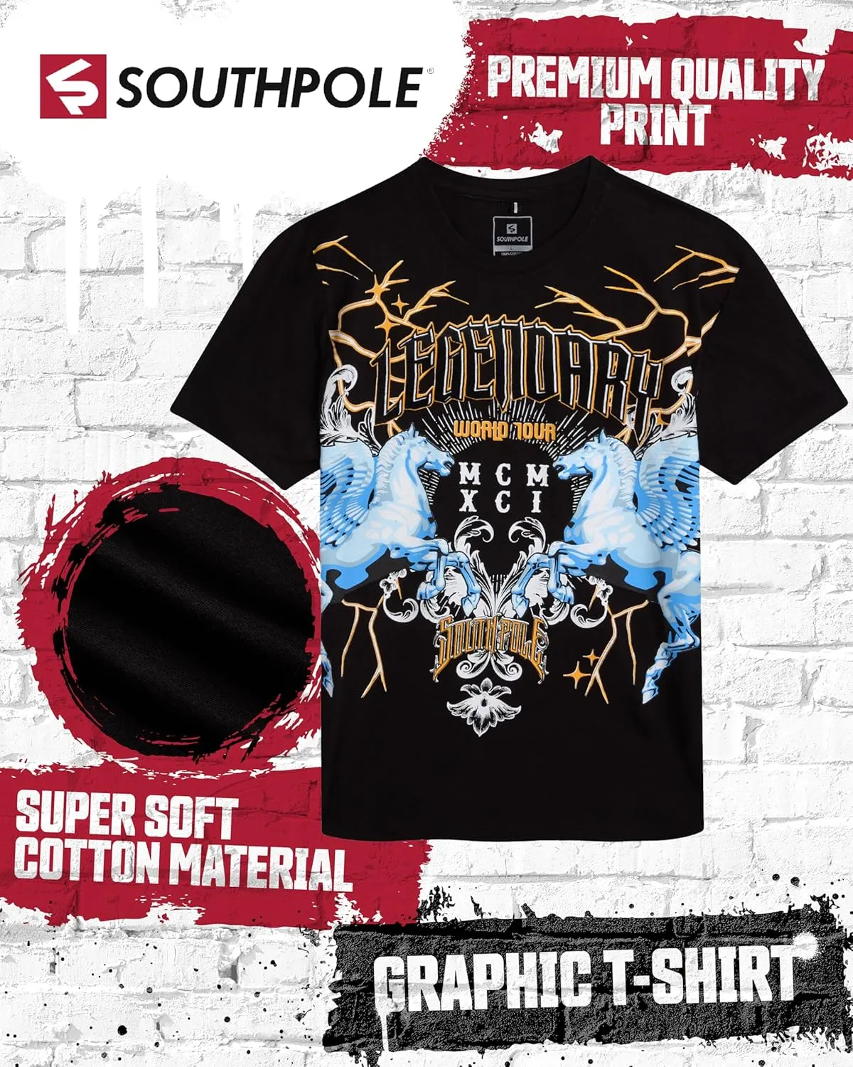 Southpole Mens Graphic T-Shirts - Stylish Cotton Blend Pullover Short Sleeve Crewneck Streetwear Graphic Tee for Men (S-XXL)