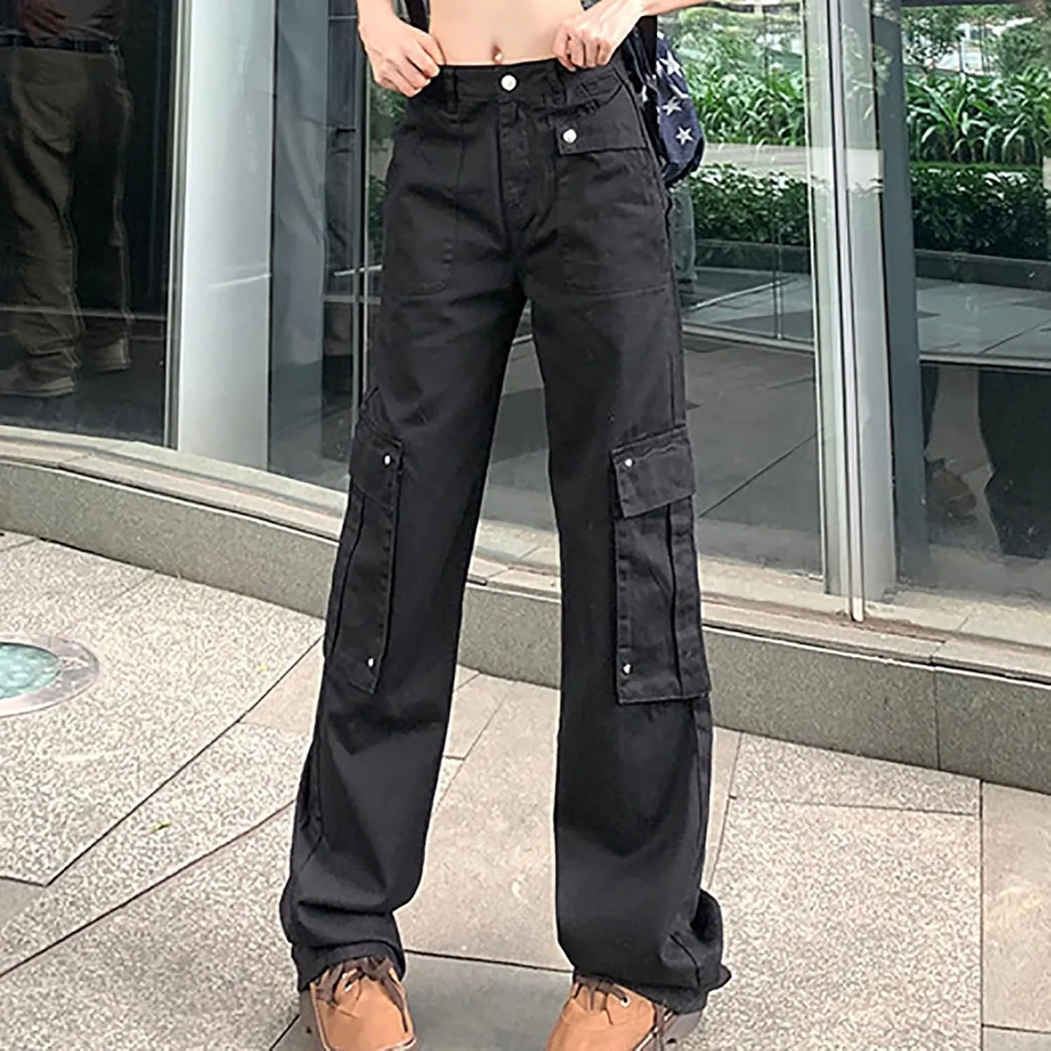 Teen Girls Y2k Cargo Pants Straight Wide Leg Baggy Joggers Fold-Over Waist Stylish Hip Hop Streetwear Hiking Pants