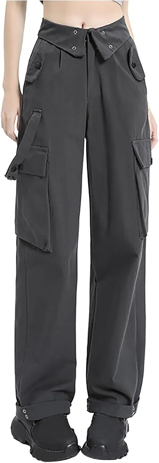Teen Girls Y2k Cargo Pants Straight Wide Leg Baggy Joggers Fold-Over Waist Stylish Hip Hop Streetwear Hiking Pants