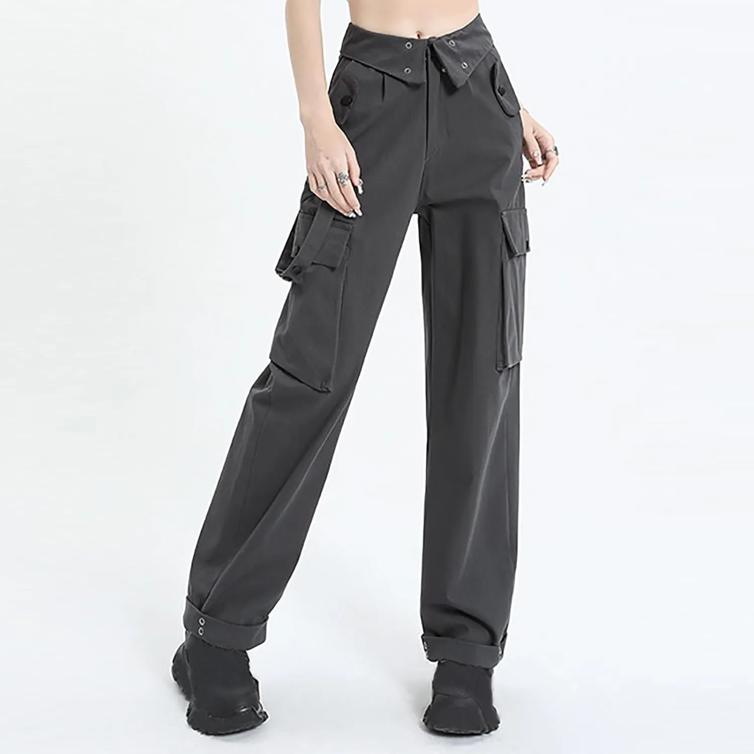 Teen Girls Y2k Cargo Pants Straight Wide Leg Baggy Joggers Fold-Over Waist Stylish Hip Hop Streetwear Hiking Pants