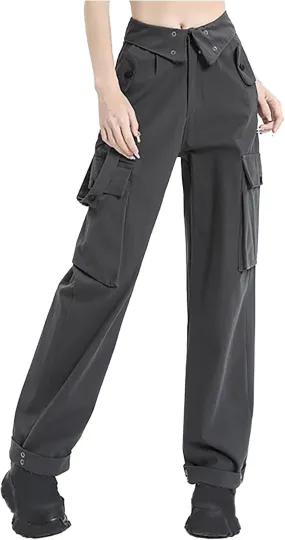 Teen Girls Y2k Cargo Pants Straight Wide Leg Baggy Joggers Fold-Over Waist Stylish Hip Hop Streetwear Hiking Pants