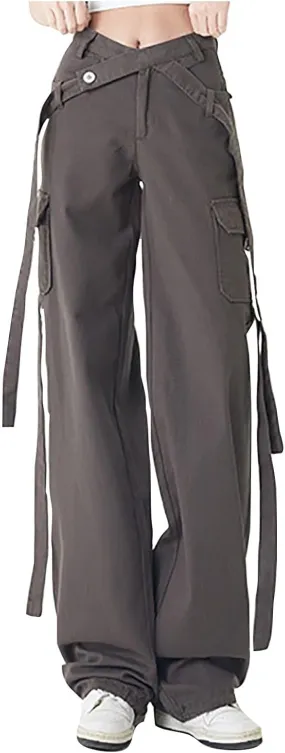 Teen Girls Y2k Cargo Pants Straight Wide Leg Baggy Joggers Fold-Over Waist Stylish Hip Hop Streetwear Hiking Pants