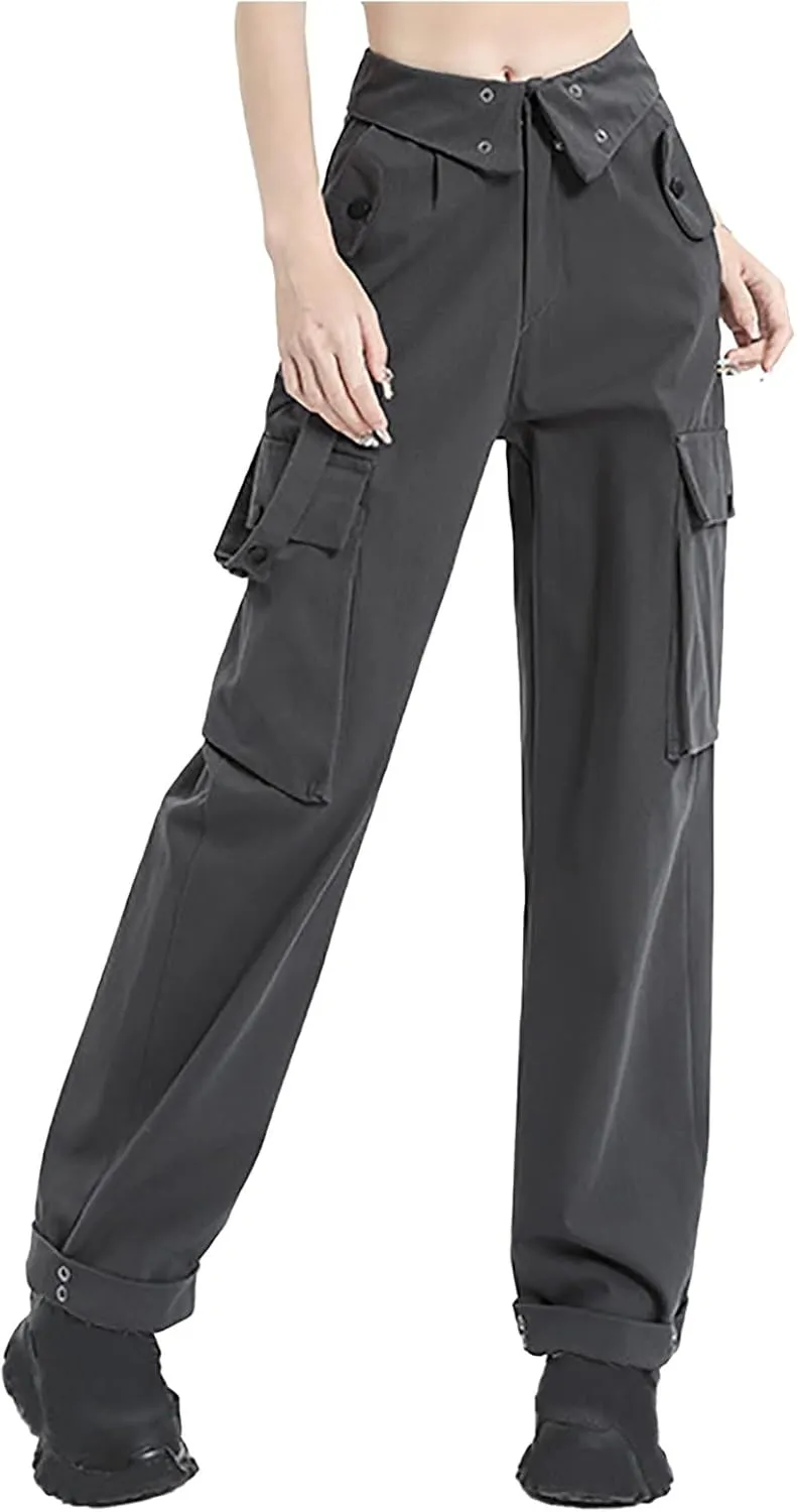 Teen Girls Y2k Cargo Pants Straight Wide Leg Baggy Joggers Fold-Over Waist Stylish Hip Hop Streetwear Hiking Pants